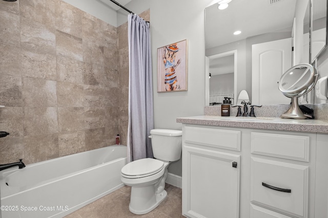 2225 Framura Ln, Melbourne, FL 32940 - bathroom with shower / bathtub combination with curtain, vanity, and tile patterned floors