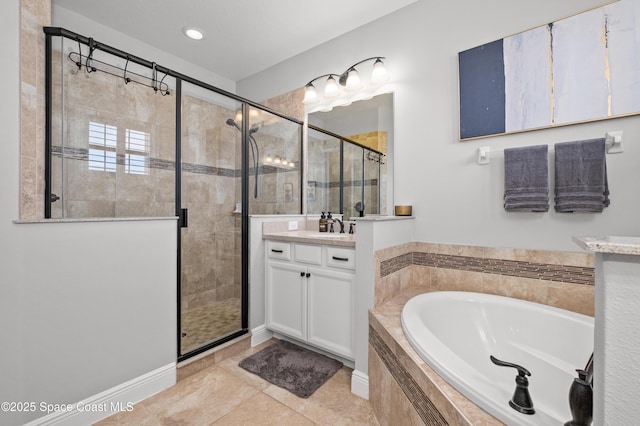 2225 Framura Ln, Melbourne, FL 32940 - bathroom featuring a garden tub, vanity, a stall shower, tile patterned floors, and recessed lighting