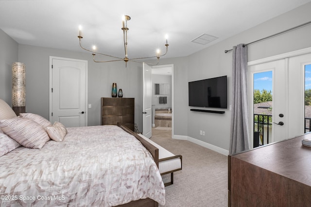 2225 Framura Ln, Melbourne, FL 32940 - bedroom with access to exterior, light colored carpet, a chandelier, and ensuite bath