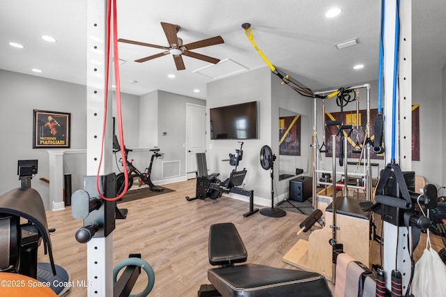 2225 Framura Ln, Melbourne, FL 32940 - gym with a ceiling fan, wood finished floors, and recessed lighting