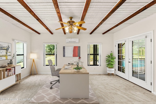 2150 Winston Dr, Cocoa, FL 32926 - home office featuring a wall mounted AC, healthy amount of natural light, beamed ceiling, french doors, and a ceiling fan