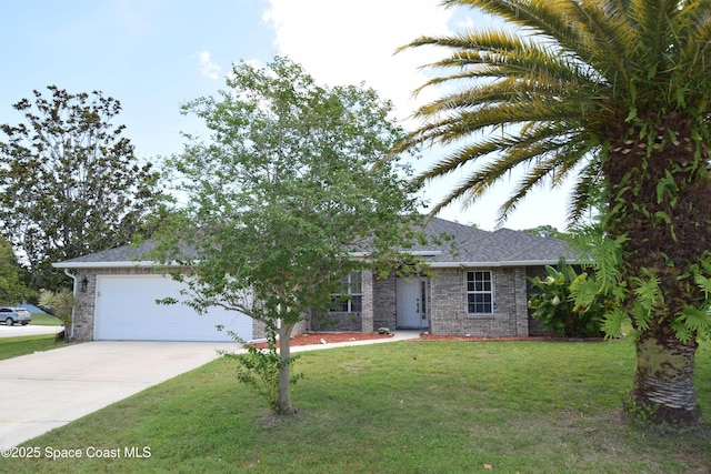 741 Pebble Ave NE, Palm Bay, FL 32907 - view of front of property with driveway, a garage, brick siding, a front lawn, and roof with shingles