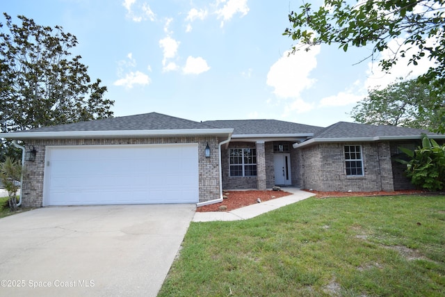 741 Pebble Ave NE, Palm Bay, FL 32907 - ranch-style house with driveway, brick siding, an attached garage, a front yard, and a shingled roof