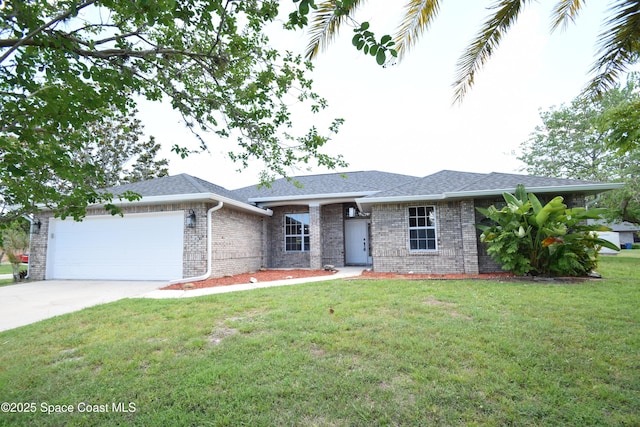 741 Pebble Ave NE, Palm Bay, FL 32907 - single story home featuring a garage, brick siding, concrete driveway, a front lawn, and roof with shingles