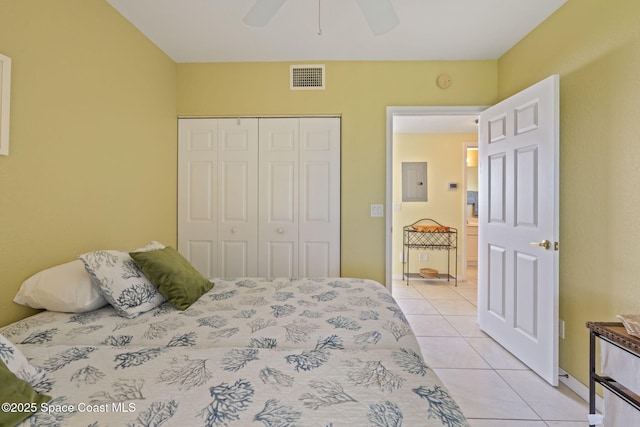 605 Ocean Park Ln Unit V235, Cape Canaveral, FL 32920 - bedroom featuring light tile patterned flooring, a closet, electric panel, and ceiling fan