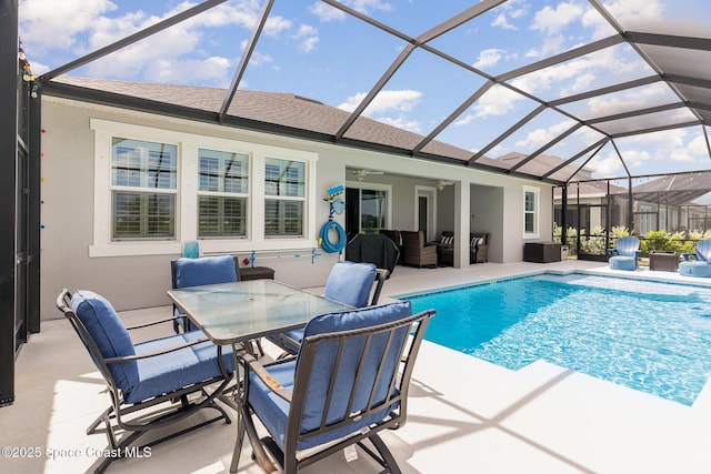 9124 Corvo Ct, Melbourne, FL 32940 - outdoor pool featuring a patio, an outdoor hangout area, outdoor dining space, ceiling fan, and glass enclosure