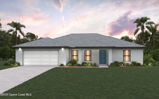 1011 Eldron Blvd SE, Palm Bay, FL 32909 - view of front facade featuring driveway, an attached garage, a front yard, stucco siding, and roof with shingles