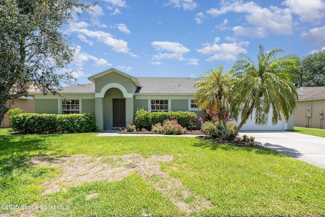 713 Del Mar Cir, Melbourne, FL 32904 - ranch-style house featuring concrete driveway, stucco siding, and a front lawn