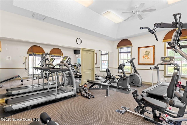 121 Lancha Cir Unit 203, Indian Harbour Beach, FL 32937 - gym featuring a ceiling fan, plenty of natural light, and a raised ceiling