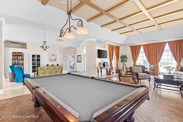 121 Lancha Cir Unit 203, Indian Harbour Beach, FL 32937 - rec room featuring coffered ceiling, billiards table, beam ceiling, a chandelier, and recessed lighting