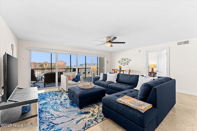 121 Lancha Cir Unit 203, Indian Harbour Beach, FL 32937 - living area featuring ceiling fan and a textured ceiling