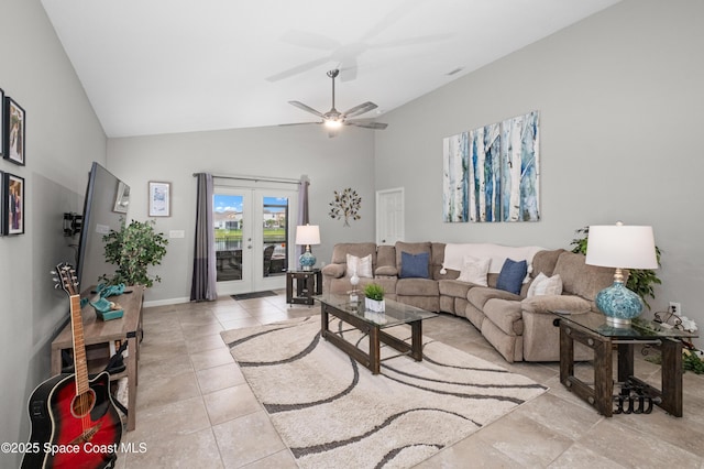 4729 Alligator Flag Cir, West Melbourne, FL 32904 - living room featuring french doors, high vaulted ceiling, light tile patterned flooring, and a ceiling fan