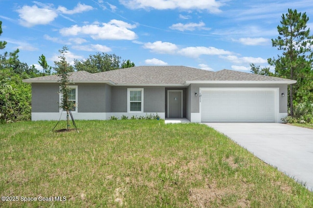 1011 Webster Rd SE, Palm Bay, FL 32909 - ranch-style house with stucco siding, concrete driveway, a garage, a front yard, and roof with shingles