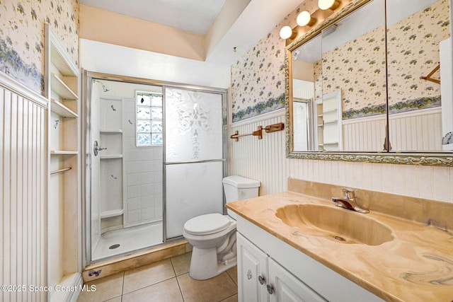 1081 Sunswept Rd NE, Palm Bay, FL 32905 - full bath with wallpapered walls, vanity, wainscoting, a shower stall, and tile patterned flooring