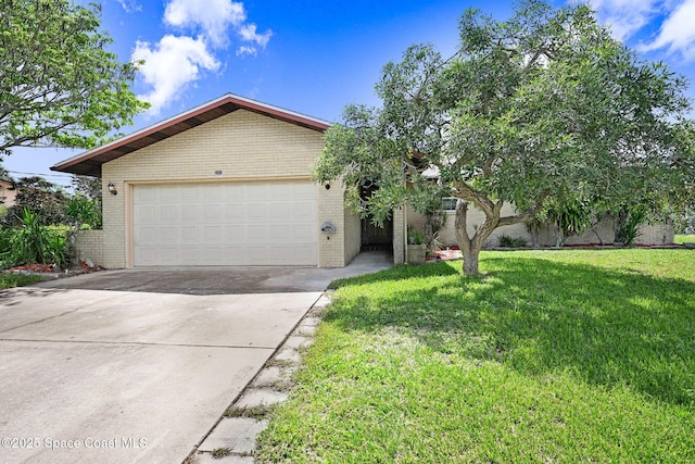 1081 Sunswept Rd NE, Palm Bay, FL 32905 - view of front facade with brick siding, driveway, a front lawn, and a garage