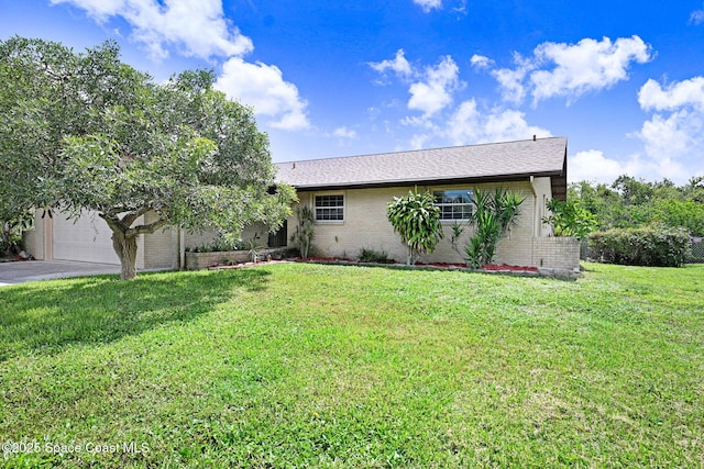 1081 Sunswept Rd NE, Palm Bay, FL 32905 - ranch-style house featuring brick siding, a front lawn, an attached garage, and a shingled roof