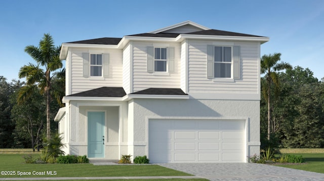 2643 Antarus Dr NW, Palm Bay, FL 32907 - view of front facade featuring a garage, decorative driveway, a shingled roof, and a front lawn