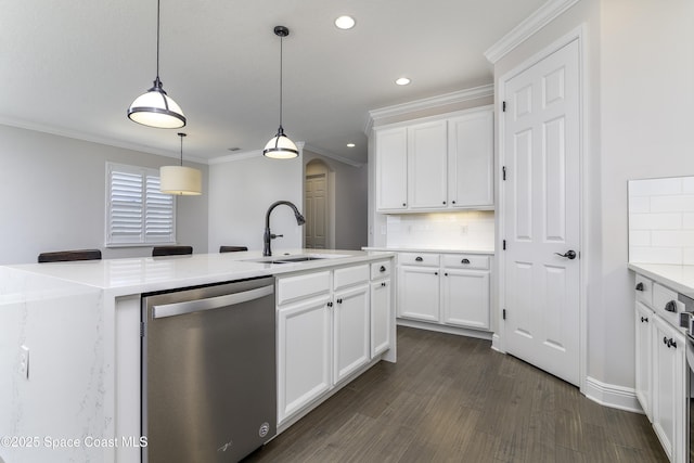 3975 Archdale St, Melbourne, FL 32940 - kitchen featuring stainless steel dishwasher, arched walkways, backsplash, recessed lighting, and ornamental molding