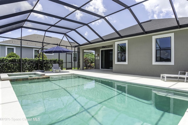 3975 Archdale St, Melbourne, FL 32940 - view of pool with a patio area, ceiling fan, a pool with connected hot tub, and glass enclosure