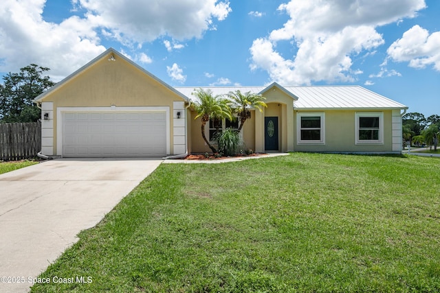 2749 Digby Rd SE, Palm Bay, FL 32909 - ranch-style house featuring stucco siding, concrete driveway, an attached garage, and a metal roof