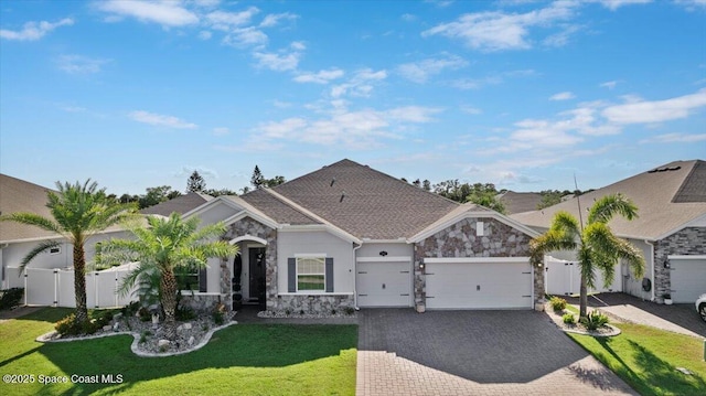 4692 Shannock Ave, Merritt Island, FL 32953 - view of front of house with stone siding, an attached garage, decorative driveway, a gate, and stucco siding