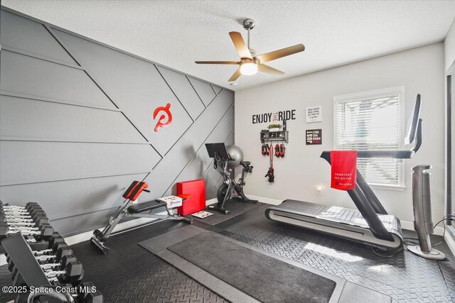 4692 Shannock Ave, Merritt Island, FL 32953 - exercise area featuring a ceiling fan and a textured ceiling