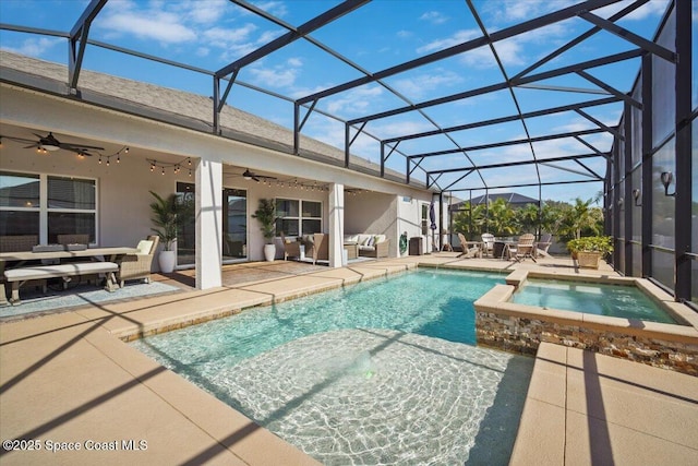 4692 Shannock Ave, Merritt Island, FL 32953 - view of swimming pool featuring outdoor lounge area, a ceiling fan, a patio area, a pool with connected hot tub, and glass enclosure
