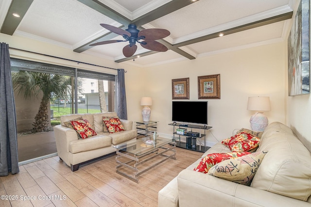 3150 N Atlantic Ave Unit 7-440, Cocoa Beach, FL 32931 - living area with wood finished floors, a ceiling fan, coffered ceiling, beamed ceiling, and ornamental molding