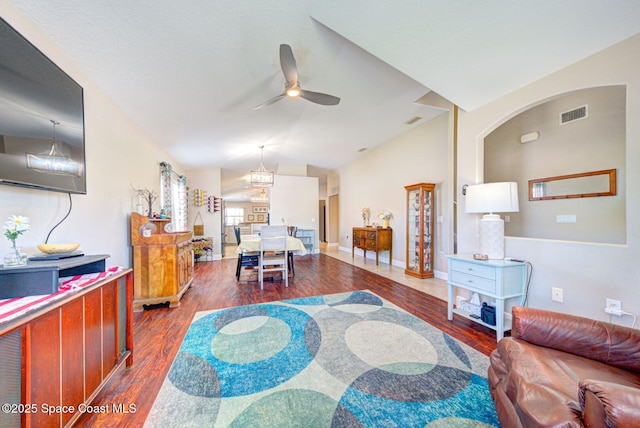 4082 Brantley Cir, Rockledge, FL 32955 - living area with ceiling fan, wood finished floors, and lofted ceiling