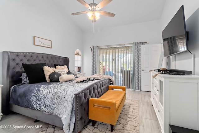 1276 Cypress Trace Dr, Melbourne, FL 32940 - bedroom with access to outside, lofted ceiling, ceiling fan, and light wood finished floors