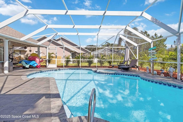 1276 Cypress Trace Dr, Melbourne, FL 32940 - view of swimming pool featuring a patio area, glass enclosure, and a pool with connected hot tub