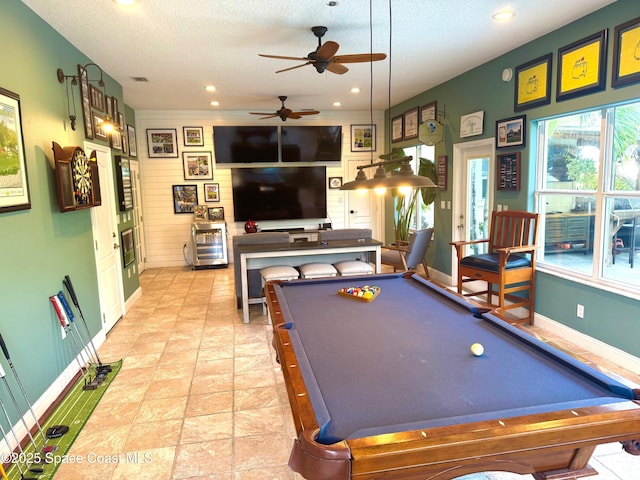 52 Riverview Ln, Cocoa Beach, FL 32931 - game room featuring pool table, a ceiling fan, recessed lighting, and a textured ceiling