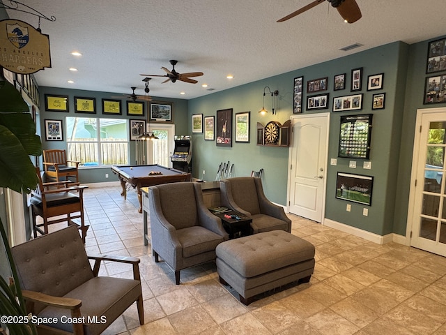 52 Riverview Ln, Cocoa Beach, FL 32931 - recreation room with ceiling fan, billiards table, a textured ceiling, and recessed lighting