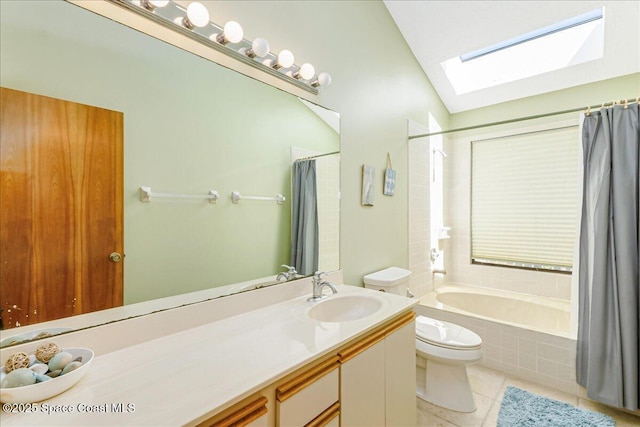 101 La Costa St Unit 2B, Melbourne Beach, FL 32951 - bathroom with a skylight, shower / bath combo, vanity, tile patterned floors, and lofted ceiling
