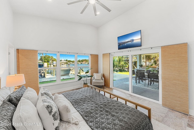 29 Azalea Dr, Cocoa Beach, FL 32931 - bedroom with a towering ceiling, access to exterior, recessed lighting, and ceiling fan