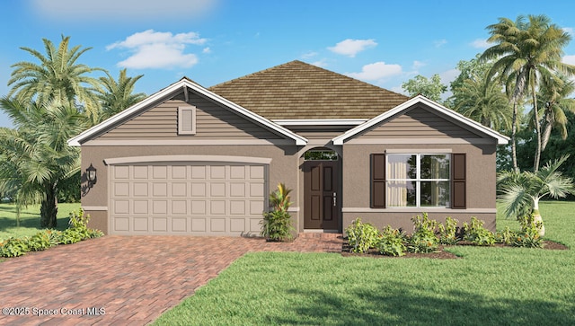 3437 Aberdeen Dr SE, Palm Bay, FL 32909 - view of front of house with decorative driveway, stucco siding, a front lawn, and a garage