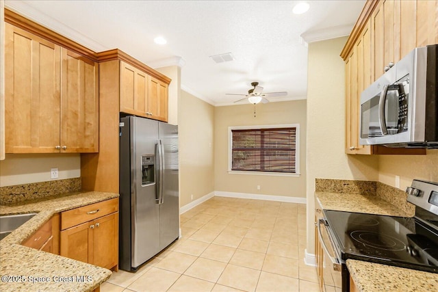 1390 Isabella Dr Unit 106, Melbourne, FL 32935 - kitchen featuring appliances with stainless steel finishes, ornamental molding, a ceiling fan, light tile patterned flooring, and light stone counters