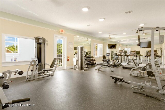 1390 Isabella Dr Unit 106, Melbourne, FL 32935 - exercise room with ornamental molding, healthy amount of natural light, and recessed lighting
