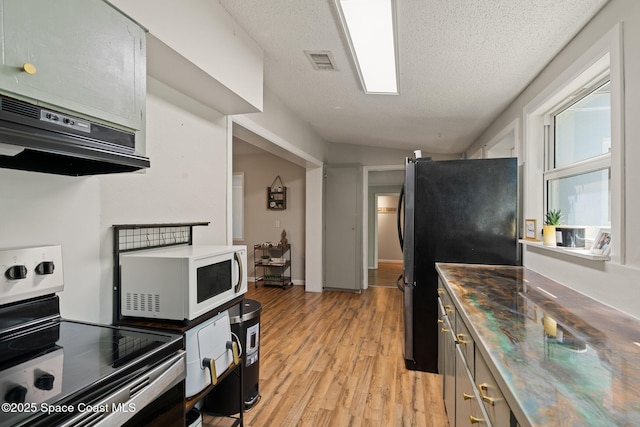 1949 36th Ave, Vero Beach, FL 32960 - kitchen featuring stainless steel appliances, light wood finished floors, extractor fan, and a textured ceiling