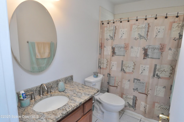 2938 Chipper Dr NE, Palm Bay, FL 32905 - full bathroom with vanity, tile patterned floors, and a shower with shower curtain