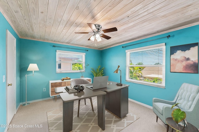 712 Sea Palm Ln, Satellite Beach, FL 32937 - carpeted office space with wooden ceiling, a ceiling fan, and crown molding