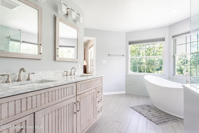 2123 Royal Oaks Dr, Rockledge, FL 32955 - bathroom featuring a freestanding tub, double vanity, wood tiled floors, a textured ceiling, and tile walls