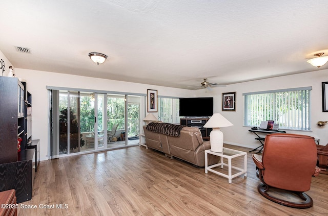 112 Plover Ln Unit 6-33, Rockledge, FL 32955 - living area featuring light wood-style floors, plenty of natural light, and a ceiling fan