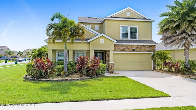 2248 Attilburgh Blvd, West Melbourne, FL 32904 - view of front of property featuring stucco siding, a garage, a front lawn, stone siding, and driveway