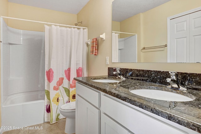 2248 Attilburgh Blvd, West Melbourne, FL 32904 - bathroom with shower / tub combo with curtain, tile patterned floors, and double vanity