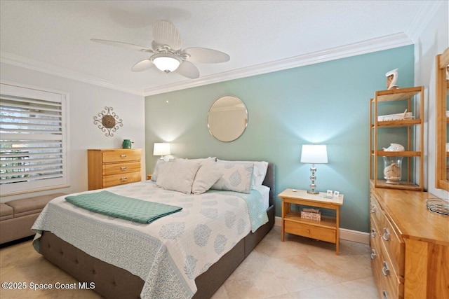 2375 S Atlantic Ave Unit 302, Cocoa Beach, FL 32931 - bedroom with ornamental molding, light tile patterned flooring, and ceiling fan