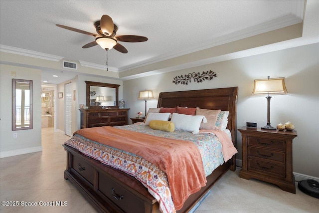 2375 S Atlantic Ave Unit 302, Cocoa Beach, FL 32931 - bedroom featuring crown molding, a textured ceiling, ensuite bath, and ceiling fan