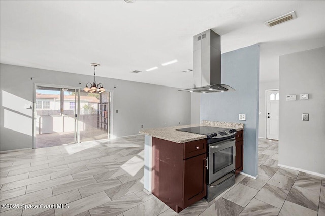 1638 Riviera Dr NE, Palm Bay, FL 32905 - kitchen with stainless steel electric range, island exhaust hood, a chandelier, dark brown cabinets, and hanging light fixtures