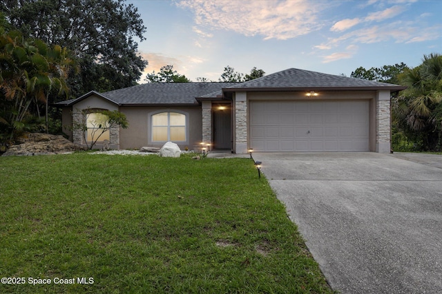 149 Hawthorne Ln NE, Palm Bay, FL 32907 - ranch-style house with stone siding, driveway, an attached garage, a lawn, and a shingled roof