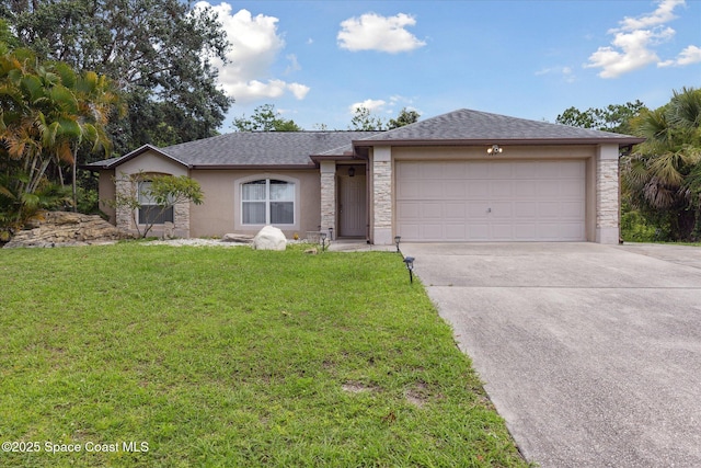 149 Hawthorne Ln NE, Palm Bay, FL 32907 - single story home with stone siding, concrete driveway, an attached garage, a front yard, and stucco siding
